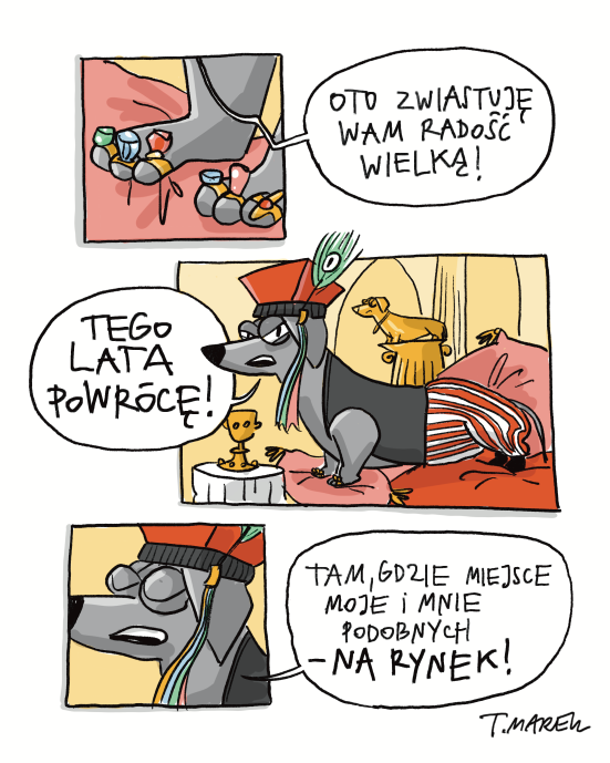 komiks z jamnikiem w stroju krakowskim